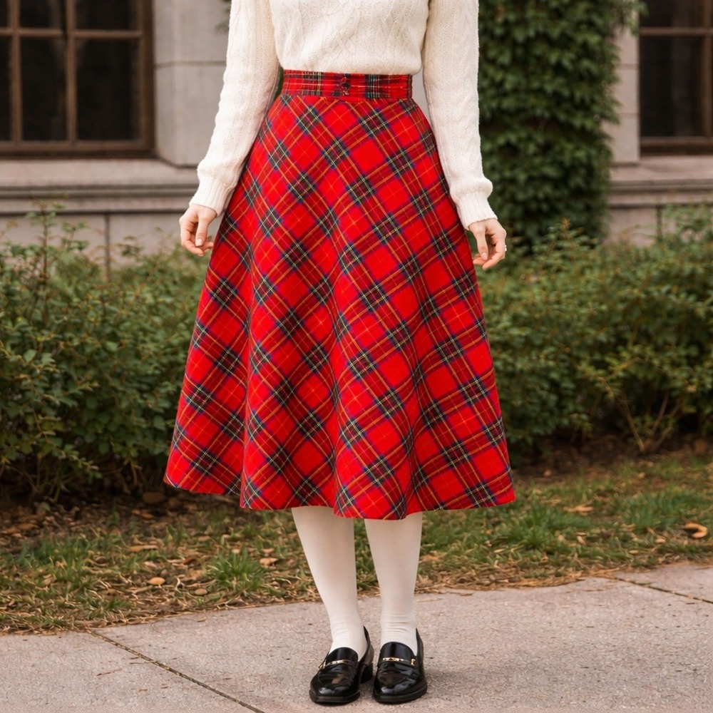 Vintage Red Tartan Plaid Schoolgirl Skirt Button Waist A-Line Midi Women's XS
